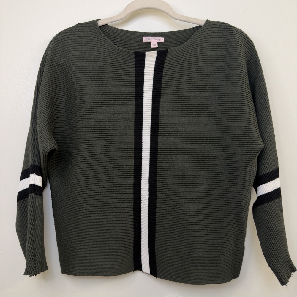 Pink Peony Ribbed Sweater Womens Small Olive Green Striped Long Sleeve Knit Top